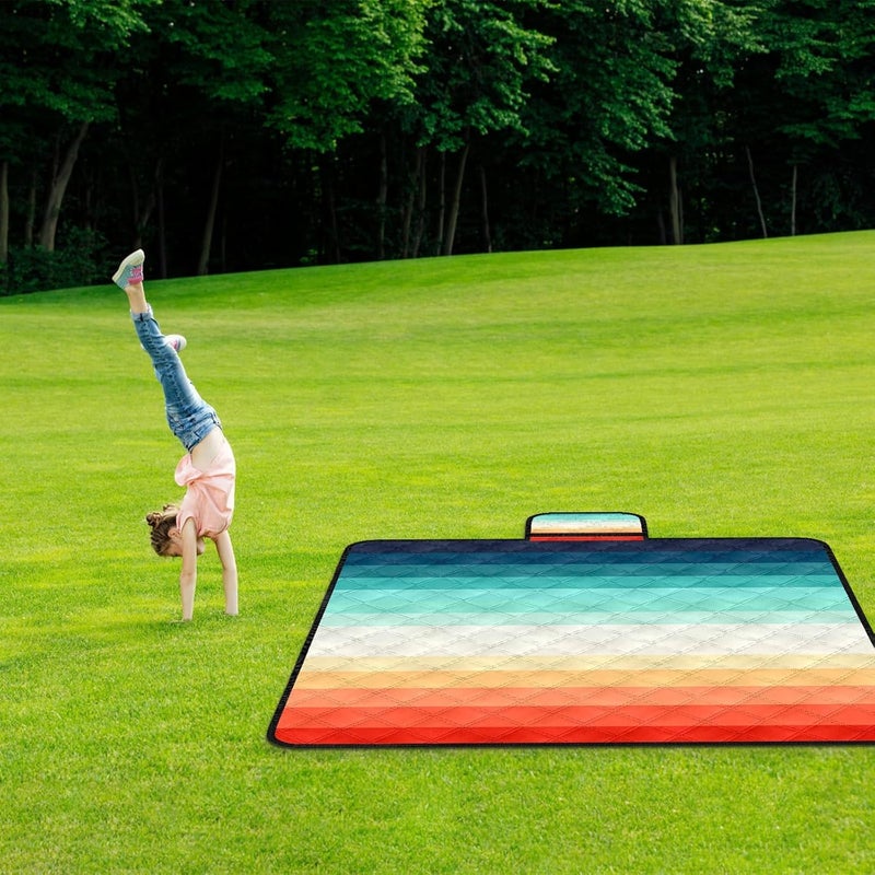 BEW Waterproof Picnic Blankets,79''x79'' Extra Large Foldable Sandproof Beach Blanket,Portable 3-Layer Polyester Outdoor Picnic Blanket for Grass Lawn,Beach,Family Camping,Park,Travel-Rainbow Stripe - Image 4